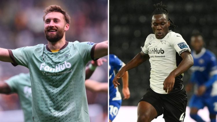 Nathaniel Phillips of Derby County celebrates (L), David Ozoh of Derby County is in action (R)