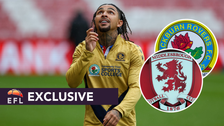 Blackburn Rovers' Tyrhys Dolan celebrates after the Sky Bet Championship match between Sunderland AFC and Blackburn Rovers. A Middlesbrough sign is...