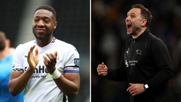 Derby County’s Ebou Adams applauds supporters (L), Derby County’s John Eustace barks out orders (R)