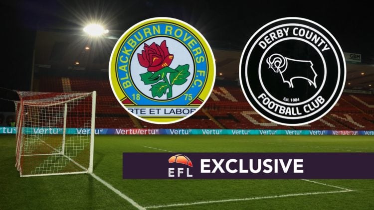 An image of the Derby County and Blackburn Rovers badge with the exclusive banner.