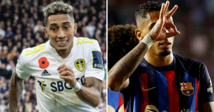 Leeds United's Raphinha breaks under pressure from Leicester City's Timothy Castagne during the Premier League match between Leeds United and Leice...