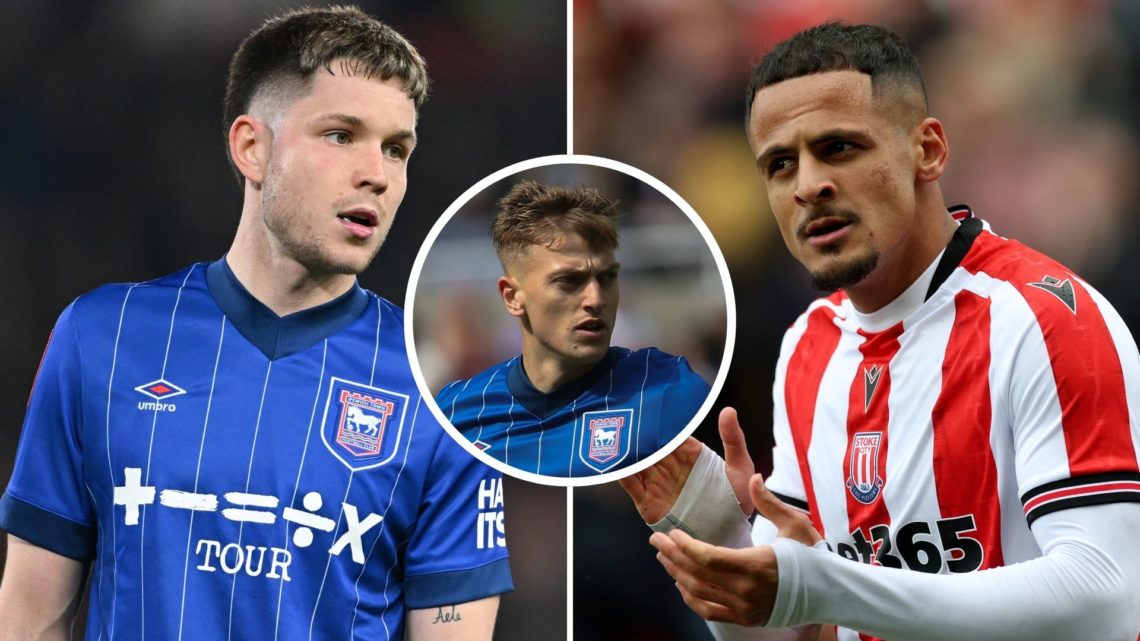 George Hirst of Ipswich looks on during the Emirates FA Cup Fifth Round match between Nottingham Forest and Ipswich Town (L), Ali Al-Hamadi of Stok...