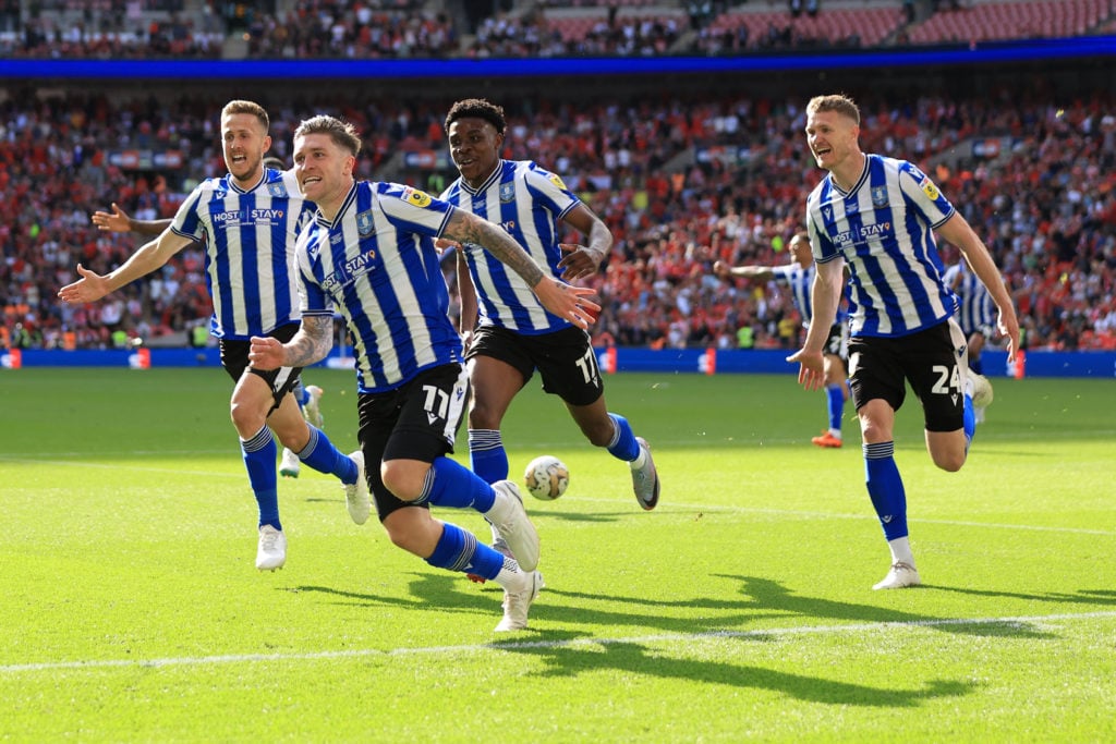 Josh Windass celebrates winning goal during Barnsley v Sheffield Wednesday: Sky Bet League One Play-Off Final