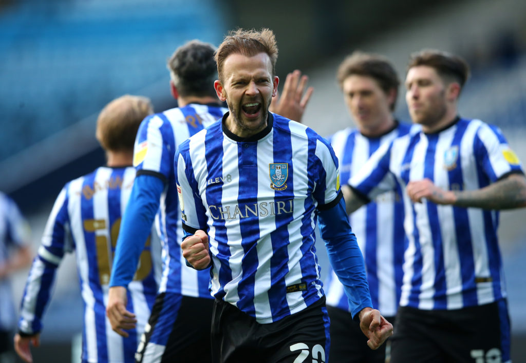 Jordan Rhodes celebrates scoring against Cardiff City for Sheffield Wednesday