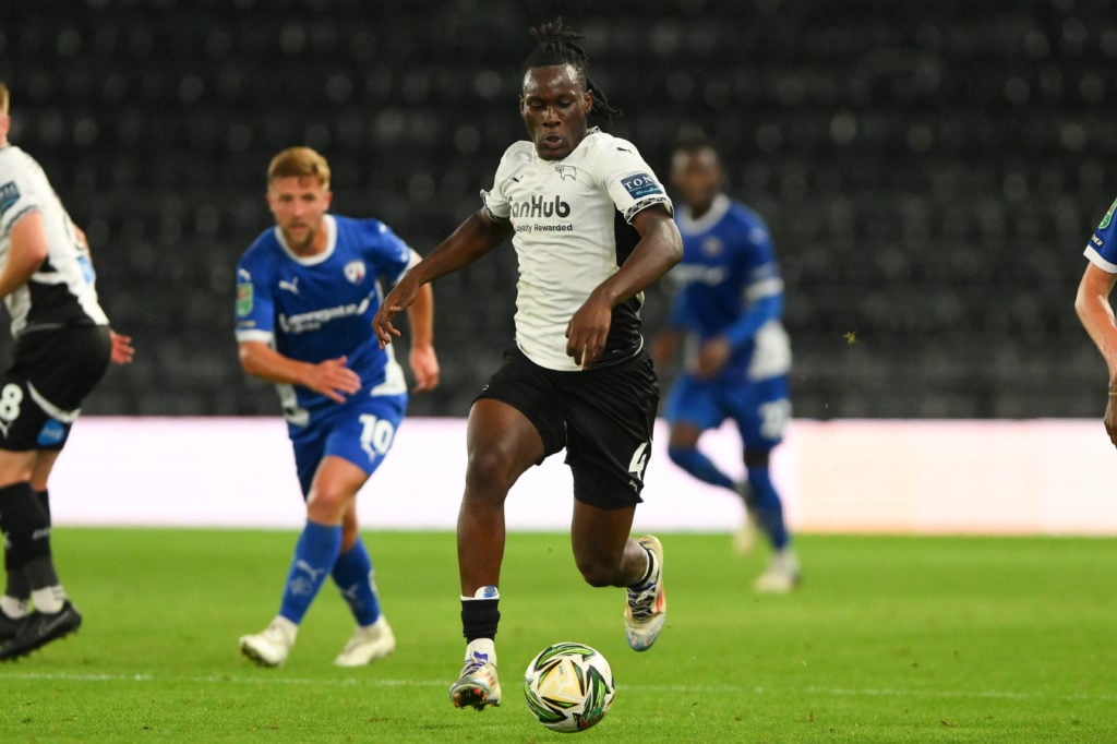 David Ozoh of Derby County is in action against Chesterfield in the Carabao Cup