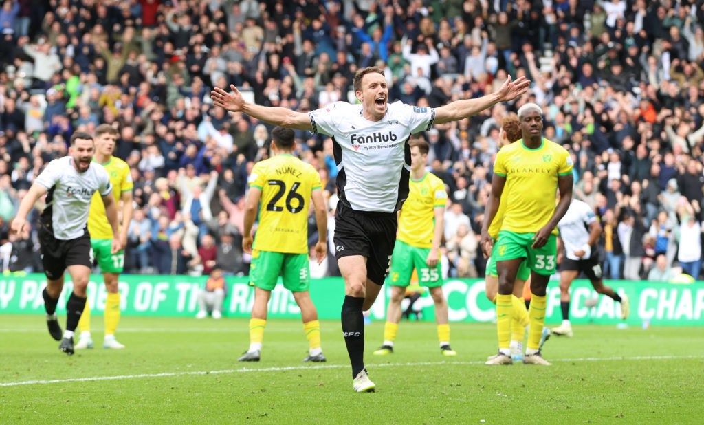 Craig Forsyth of Derby County celebrates after scoring the team's first goal during the Sky Bet Championship match between Derby County FC and Norwich City FC