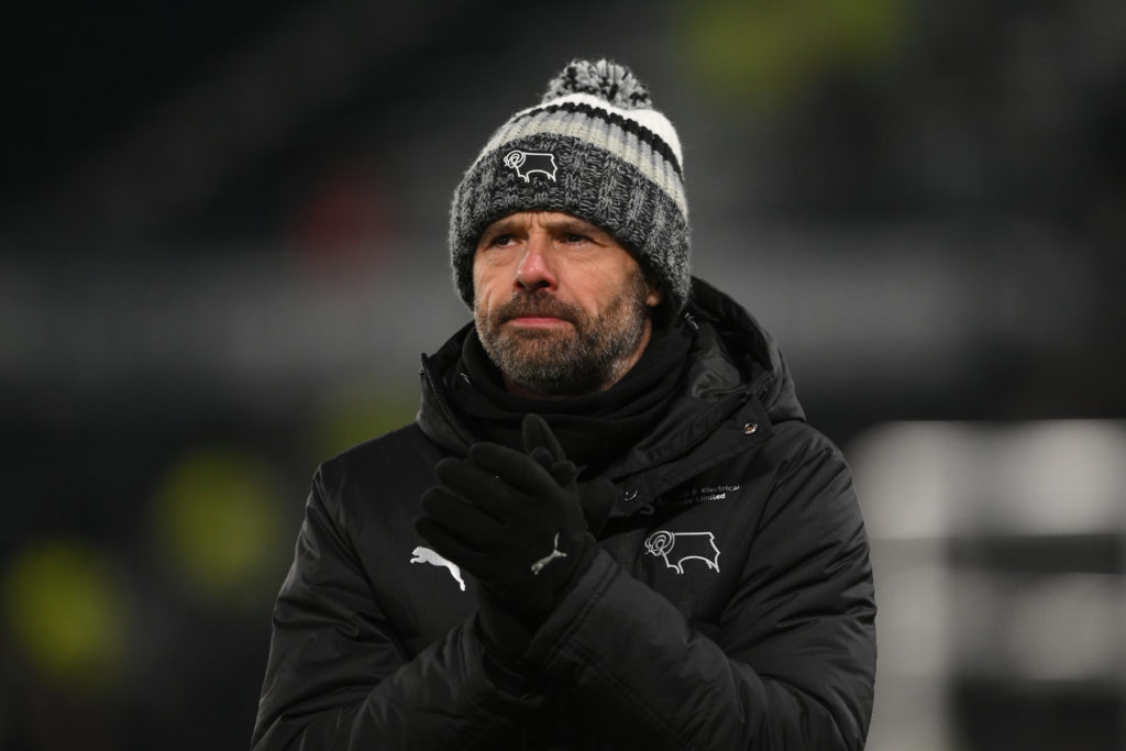 Derby manager, Paul Warne, looks dejected after a defeat during the Sky Bet Championship match between Derby County and Swansea City at Pride Park in Derby