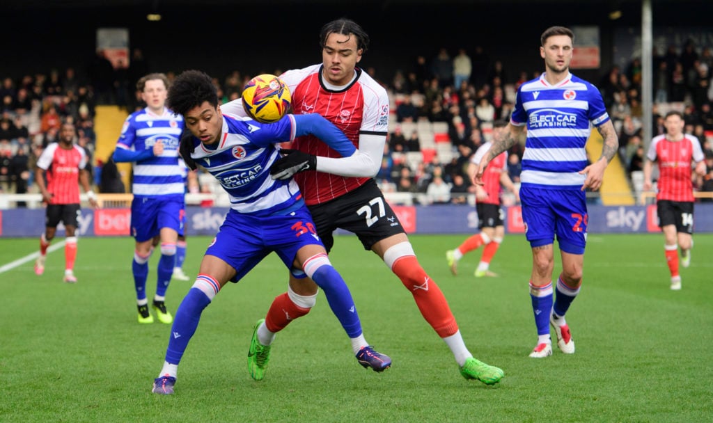 Andre Garcia battles for the ball during Lincoln City FC v Reading FC - Sky Bet League One