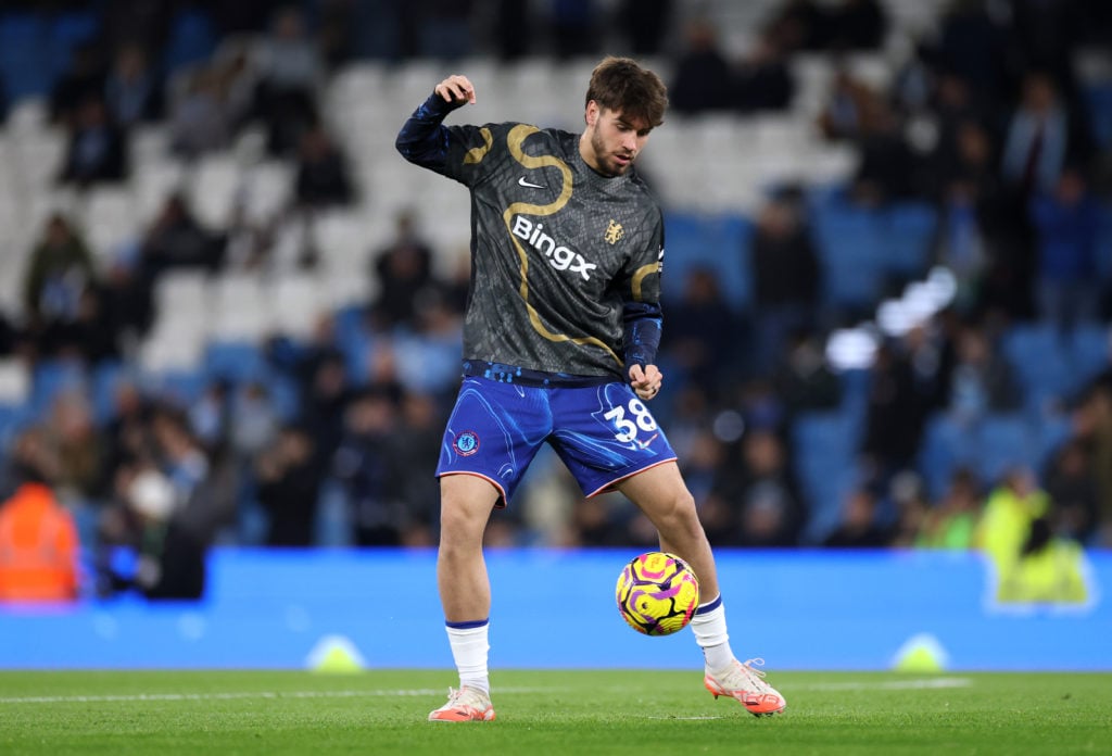 Marc Guiu warms up before Manchester City FC v Chelsea FC - Premier League