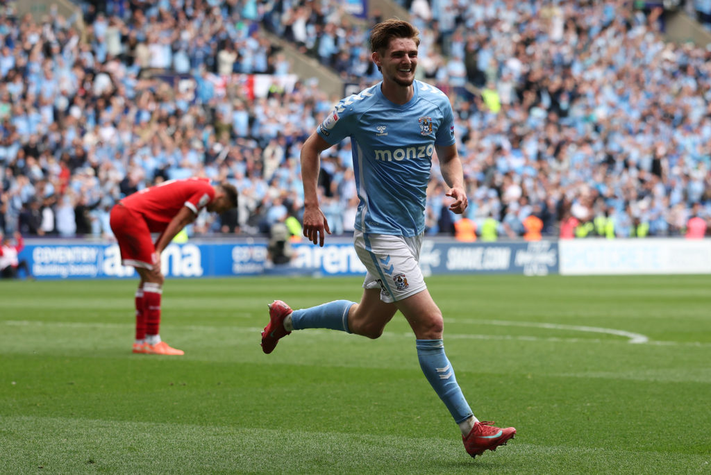 Jack Rudoni celebrates his goal for Coventry City against Middlesbrough