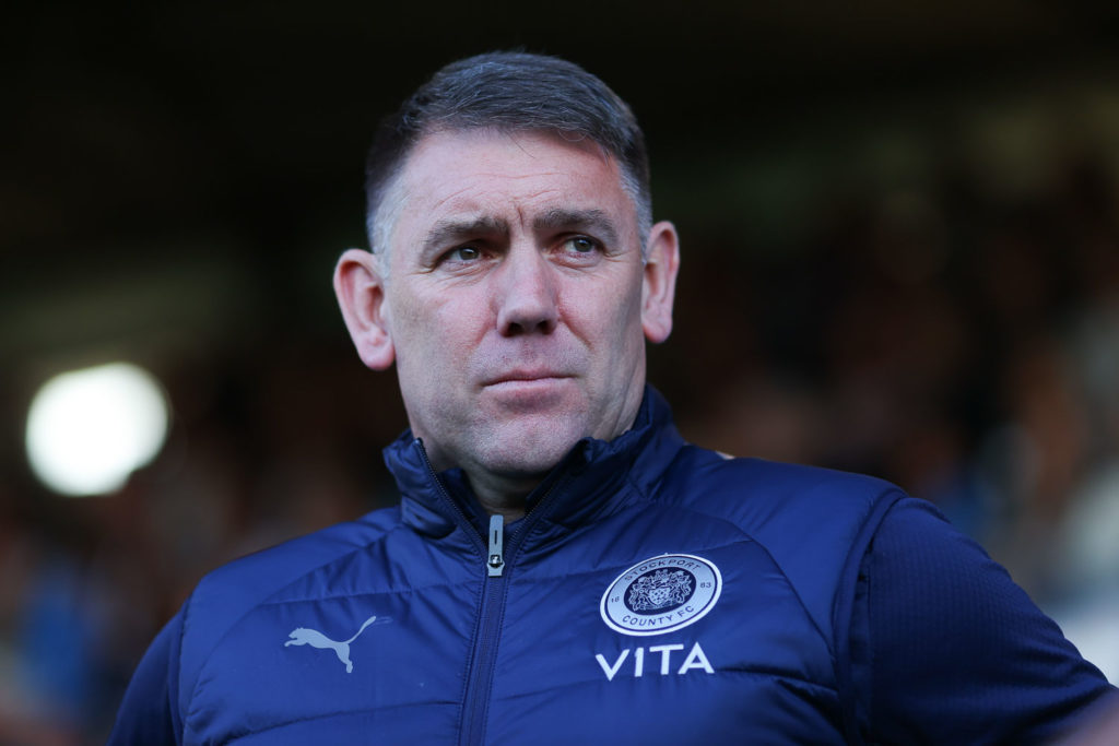 Dave Challinor, manager of Stockport County, during the Sky Bet League One Play Off Semi Final Second Leg match between Stockport County and Leyton Orient