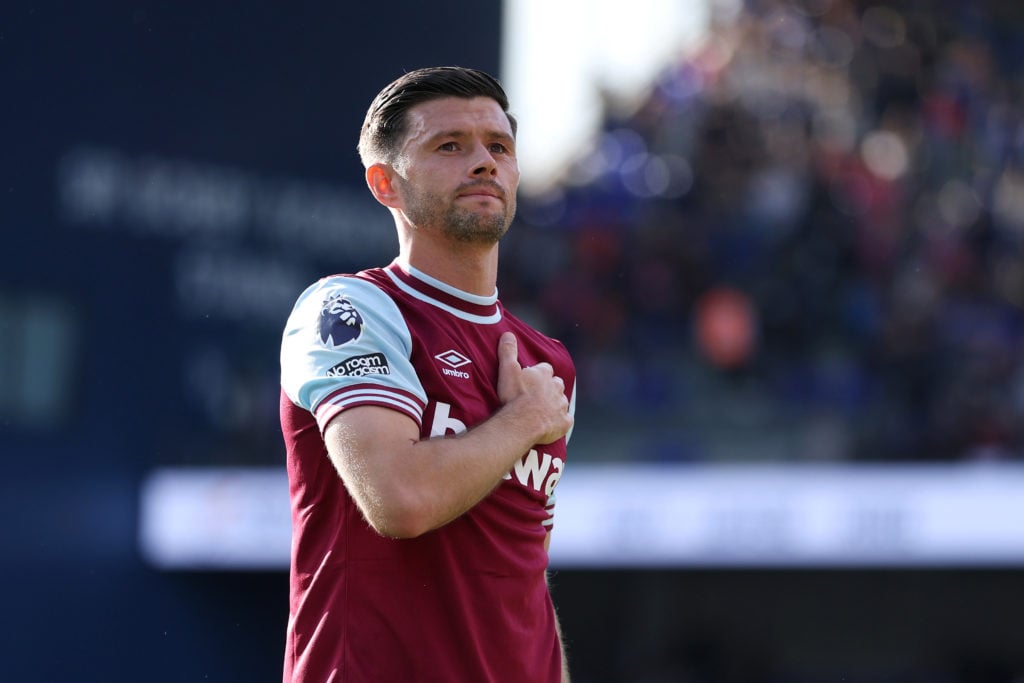 Aaron Cresswell of West Ham United shows appreciation to the fans following his final appearance for the club after the Premier League match between Ipswich Town FC and West Ham United FC