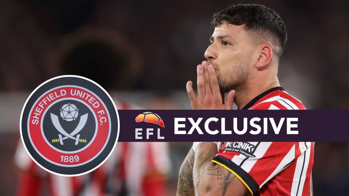 An image of Gustavo Hamer with an inset of the Sheffield United badge and exclusive banner
