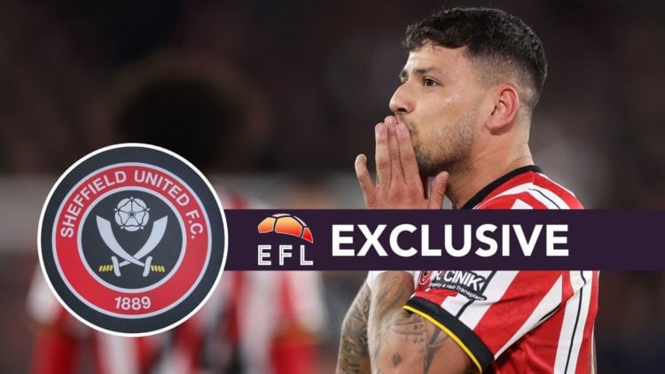 An image of Gustavo Hamer with an inset of the Sheffield United badge and exclusive banner