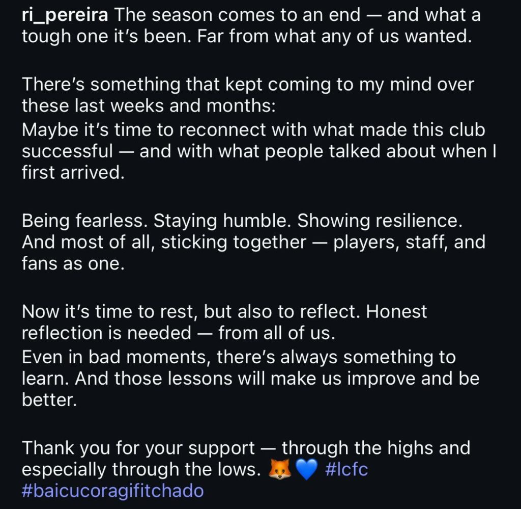 Ricardo Pereira addresses Leicester City fans in an end of season statement on Instagram