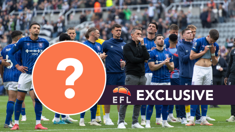 Ipswich Town players face the crowd after relegation from Premier League. Inset, mystery player graphic. Overlaid, exclusive branding.