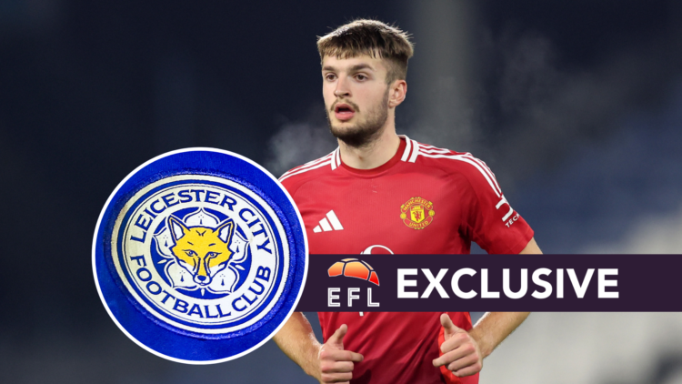 Manchester United's Jack Kingdon. Inset, Leicester City badge. Overlaid, exclusive branding.