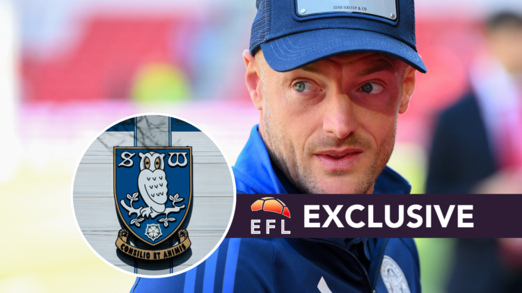 Leicester City's Jamie Vardy. Inset, Sheffield Wednesday badge. Overlaid, exclusive branding.