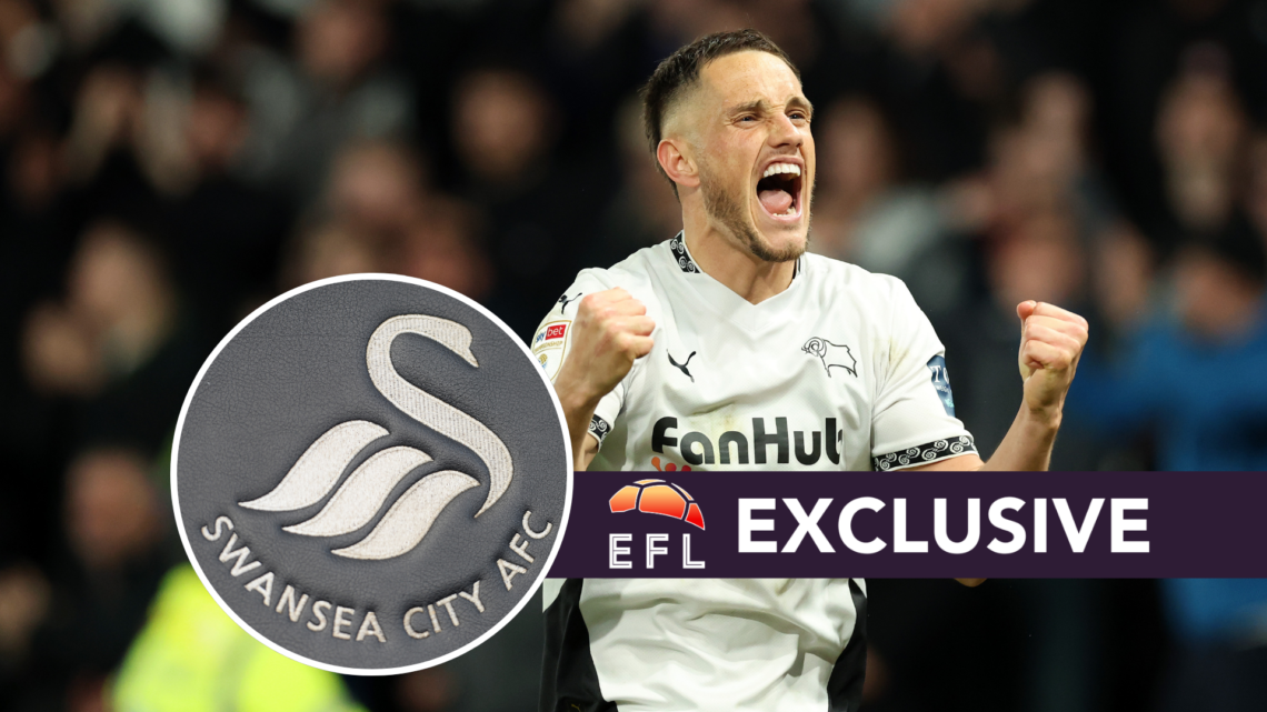Derby County striker Jerry Yates. Inset, Swansea City badge. Overlaid, exclusive branding.