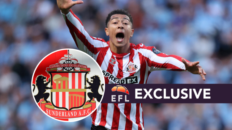 Sunderland midfielder Jobe Bellingham. Inset, Sunderland badge. Overlaid, exclusive branding.