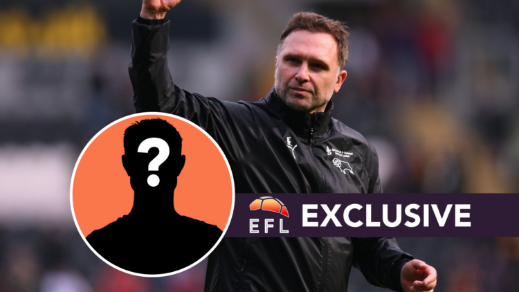 Derby County manager John Eustace. Inset, mystery player graphic. Overlaid, exclusive branding.