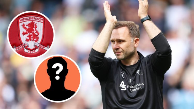 John Eustace, Manager of Derby County celebrates avoiding relegation and applauds the fans at Pride Park, Inset Middlesbrough logo on the seats in ...