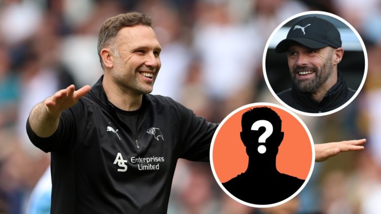 John Eustace, Manager of Derby County, celebrates avoiding relegation after Derby County draw 0-0 with Stoke City in the Sky Bet Championship match...
