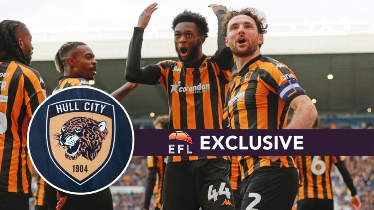 An image of Abu Kamara with Hull City players, inset of the Hull City badge and exclusive banner.