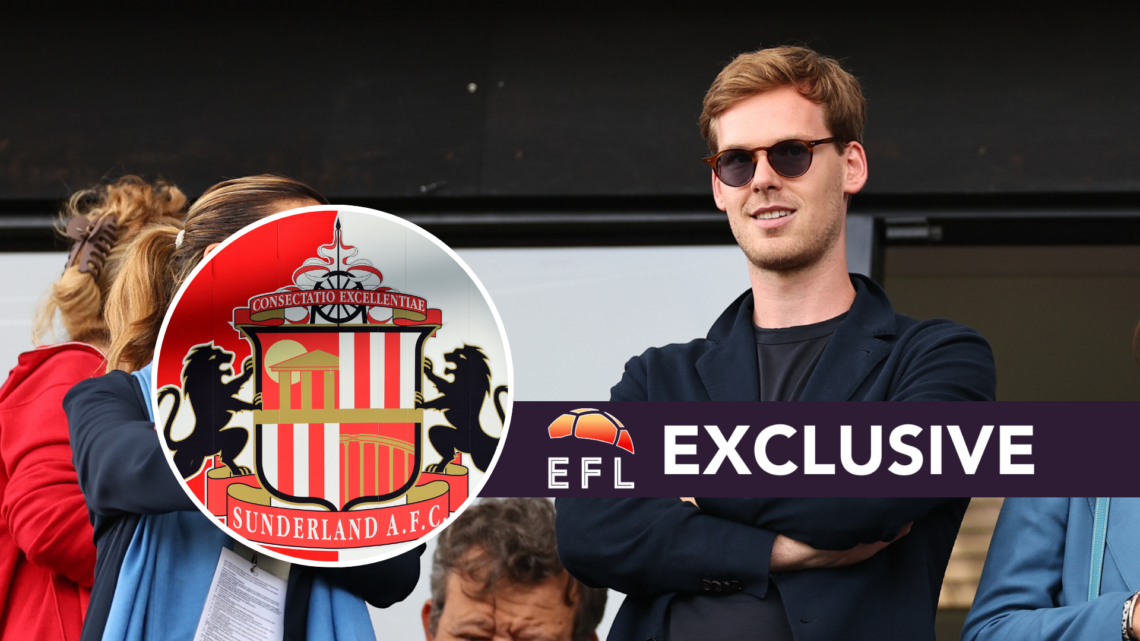 Sunderland owner Kyril Louis-Dreyfus. Inset, Sunderland badge. Overlaid, exclusive branding.