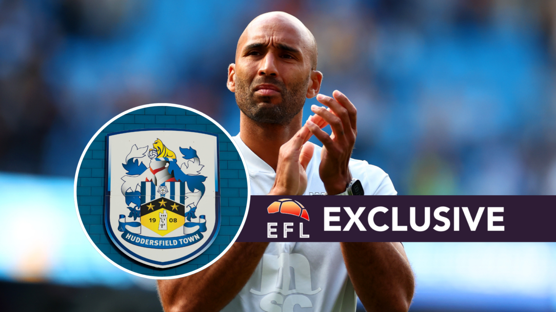 Ipswich Town coach Lee Grant. Inset, Huddersfield Town badge. Overlaid, exclusive branding.