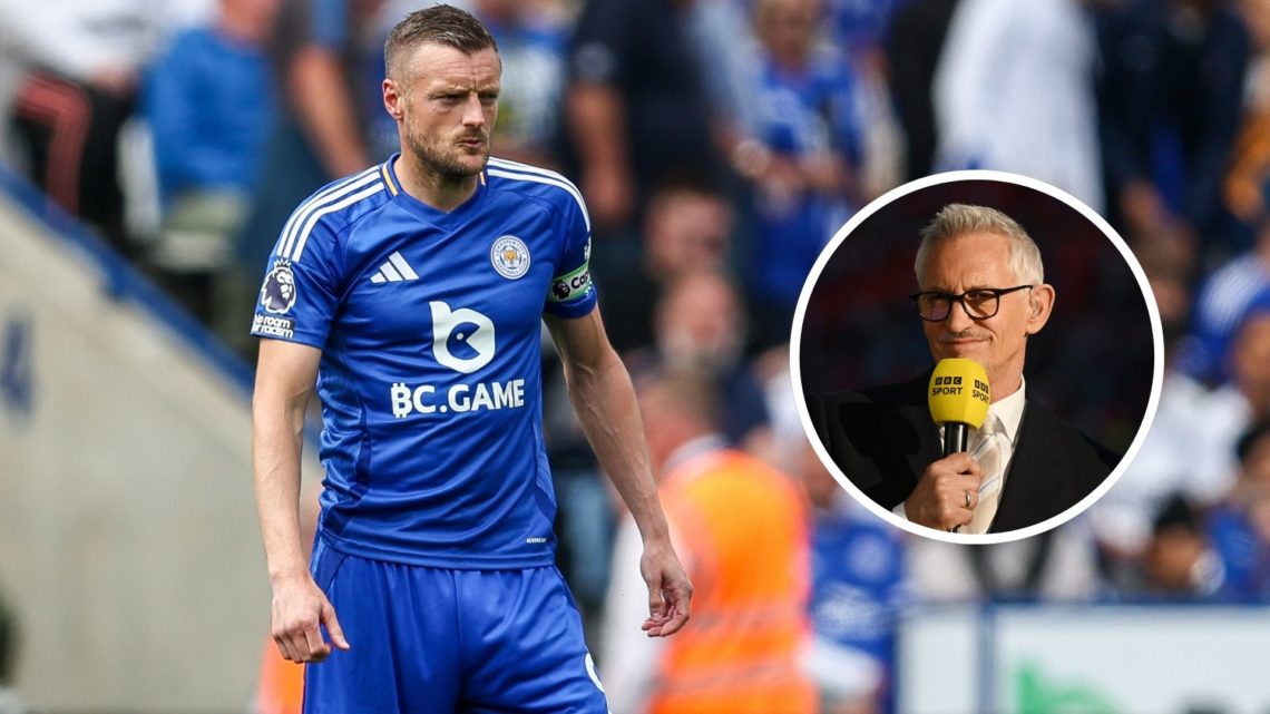 Number 9, Jamie Vardy of Leicester City, is ready for kick-off during the Premier League match between Leicester City and Ipswich Town. Inset, TV P...