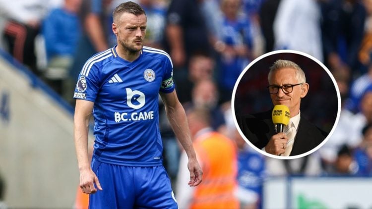 Number 9, Jamie Vardy of Leicester City, is ready for kick-off during the Premier League match between Leicester City and Ipswich Town. Inset, TV P...