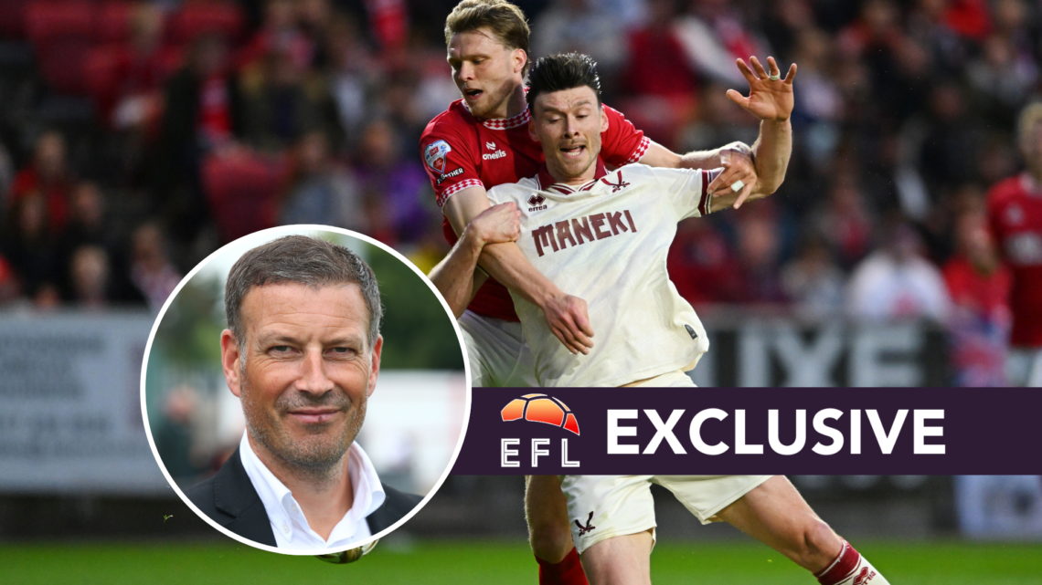 Bristol City's Rob Dickie fouls Sheffield United's Kieffer Moore. Inset, Mark Clattenburg. Overlaid, exclusive branding.