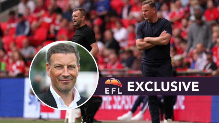 Composition image of Richie Wellens and Nathan Jones during League One play-off final. Inset, Mark Clattenburg. Overlaid, exclusive branding.