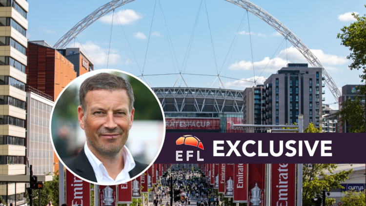 Wembley Stadium on FA Cup final day. Inset, Mark Clattenburg. Overlaid, exclusive branding.