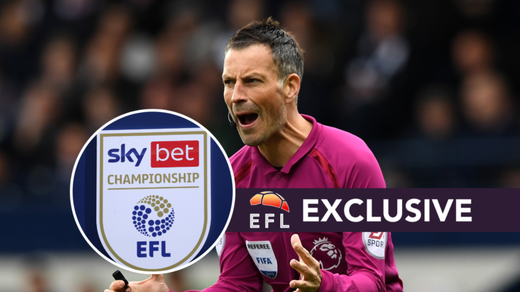 Mark Clattenburg refereeing a game in the Premier League. Inset, Championship logo. Overlaid, exclusive branding.