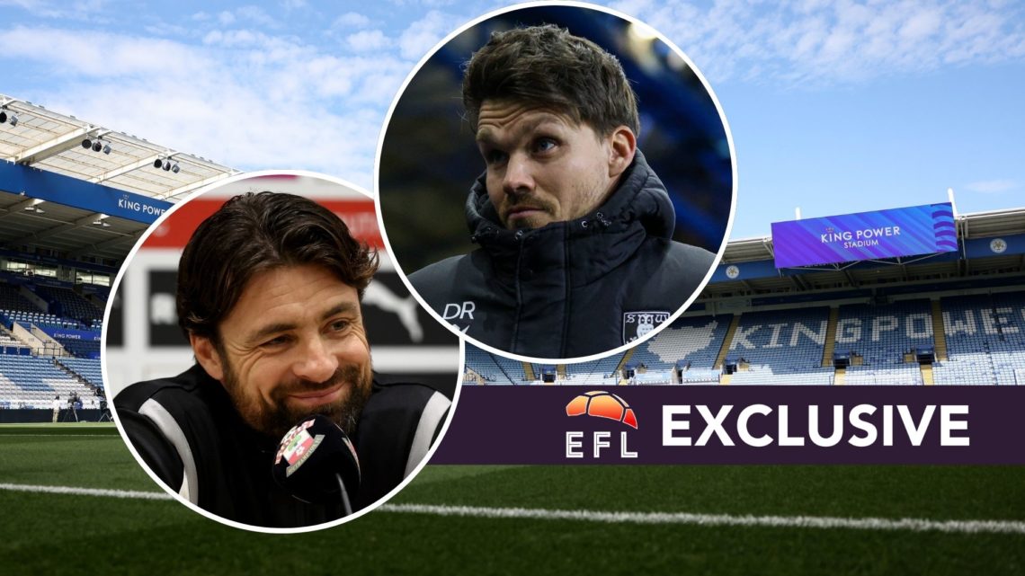 A general view of the King Power Stadium, Leicester, an inset of Russell Martin during a press conference and an inset of Danny Rohl reacting to a ...