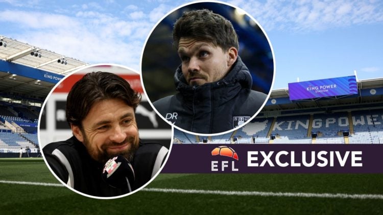 A general view of the King Power Stadium, Leicester, an inset of Russell Martin during a press conference and an inset of Danny Rohl reacting to a ...