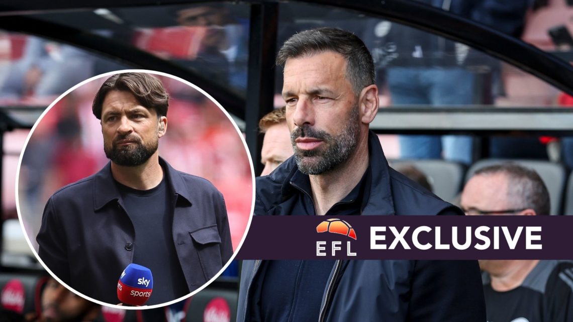 Inset of Russell Martin appears as a pundit on Sky Sports News for the Championship play-off final, Ruud van Nistelrooy watches his Leicester City ...