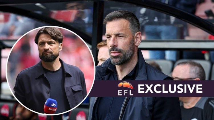 Inset of Russell Martin appears as a pundit on Sky Sports News for the Championship play-off final, Ruud van Nistelrooy watches his Leicester City ...