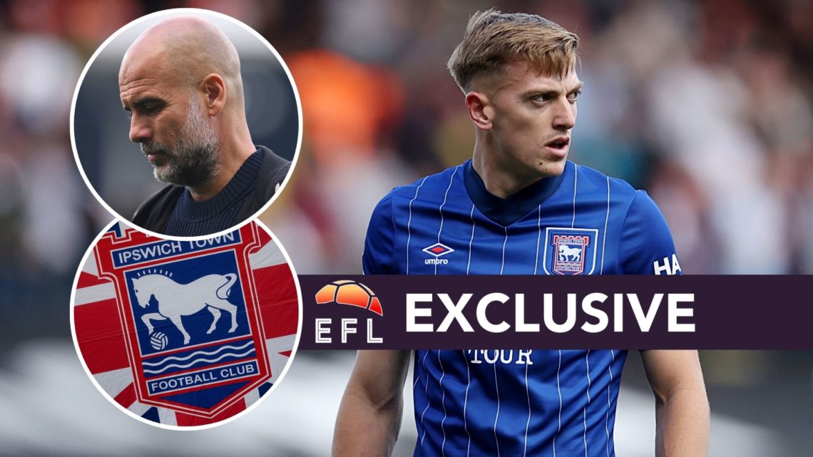 An image of Liam Delap with an inset of the Ipswich Town badge, Pep Guardiola and the exclusive banner.