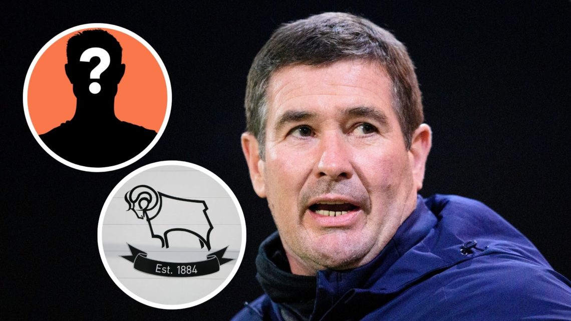 Nigel Clough, manager of Mansfield Town during the Sky Bet League One match between Mansfield Town FC and Lincoln City FC, Inset Derby County badge...