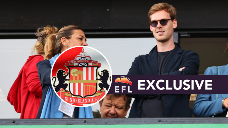 Sunderland owner Kyril Louis-Dreyfus, Sunderland badge and EFL Analysis exclusive banner