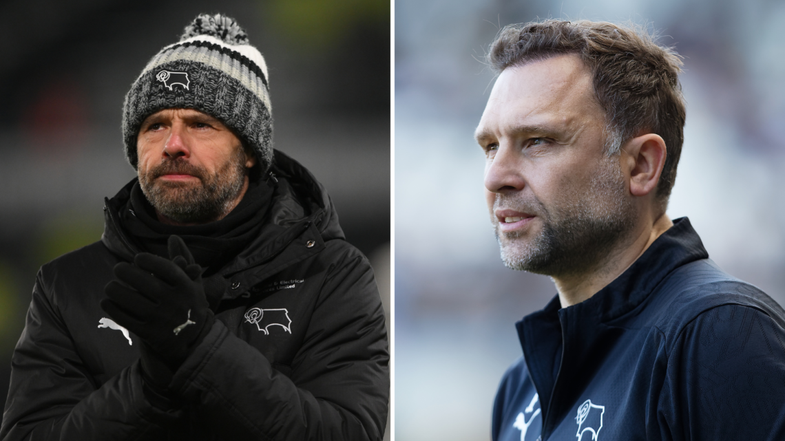 Derby County’s ex-manager, Paul Warne, looks dejected following defeat (L), John Eustace, manager for Derby County watches the game from the touch ...