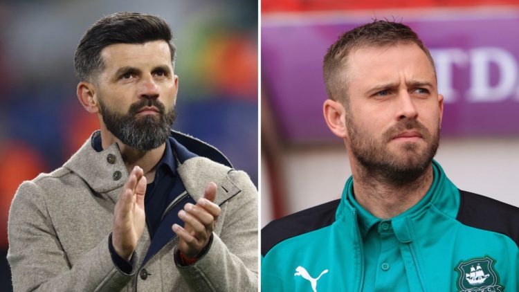 Miron Muslic, manager of Plymouth, applauds the fans (L), Plymouth Argyle's David Fox in the dugout (R)