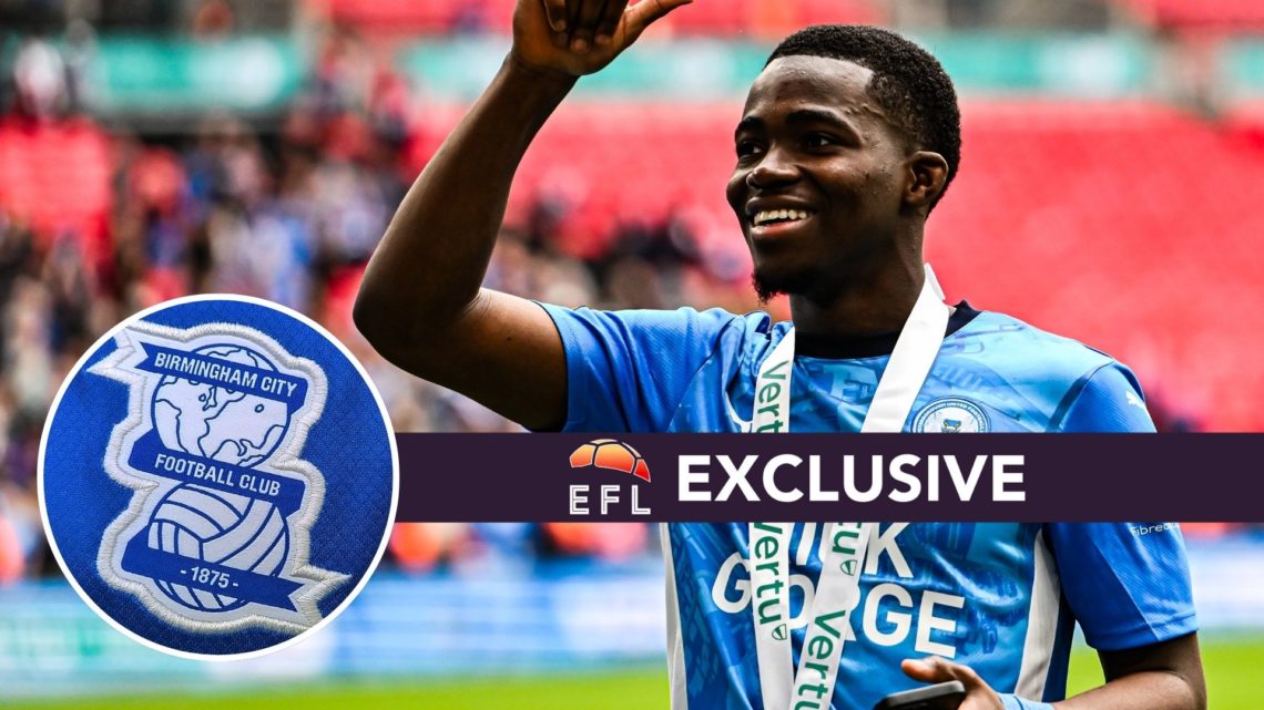 An image of Peterborough United's Kwame Poku with an inset of the Birmingham City crest and exclusive banner.