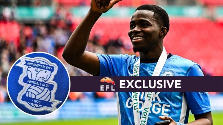 An image of Peterborough United's Kwame Poku with an inset of the Birmingham City crest and exclusive banner.