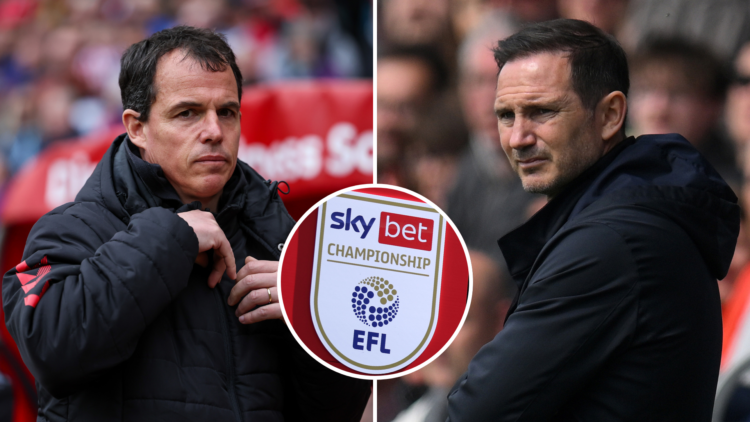 Split image of Regis Le Bris (L) and Frank Lampard (R). Inset, EFL Championship logo.
