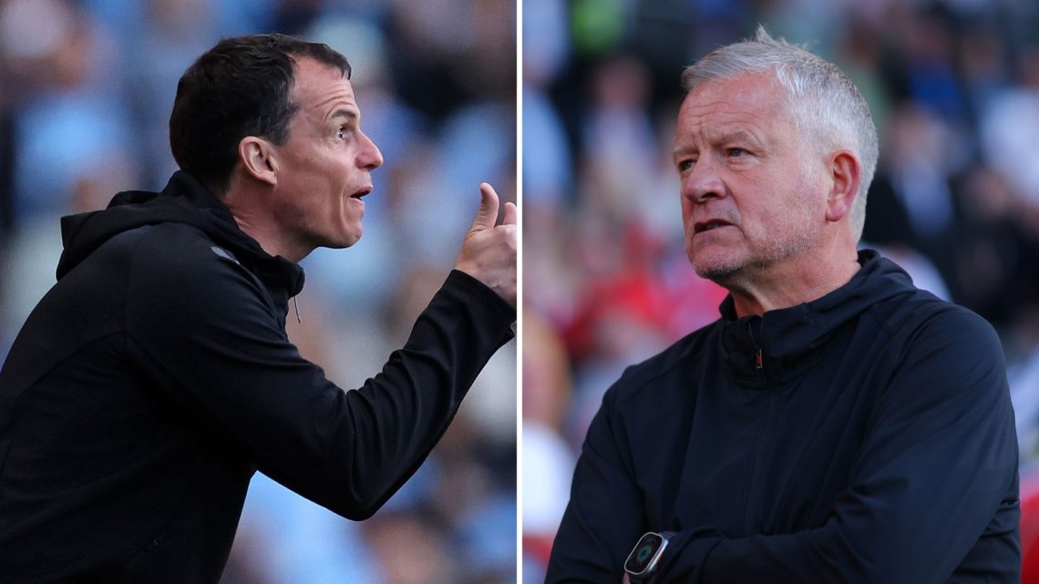 Regis Le Bris the head coach / manager of Sunderland puts his thumbs up (L), Chris Wilder, manager of Sheffield United, looks on (R)