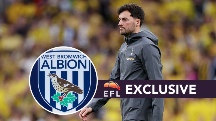 Tottenham Hotspur coach Ryan Mason. Inset, West Brom badge. Overlaid, exclusive branding.